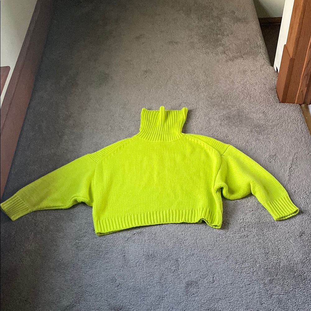 525 America Neon Yellow Cropped Turtleneck Rib Knit Sweater SIZE S